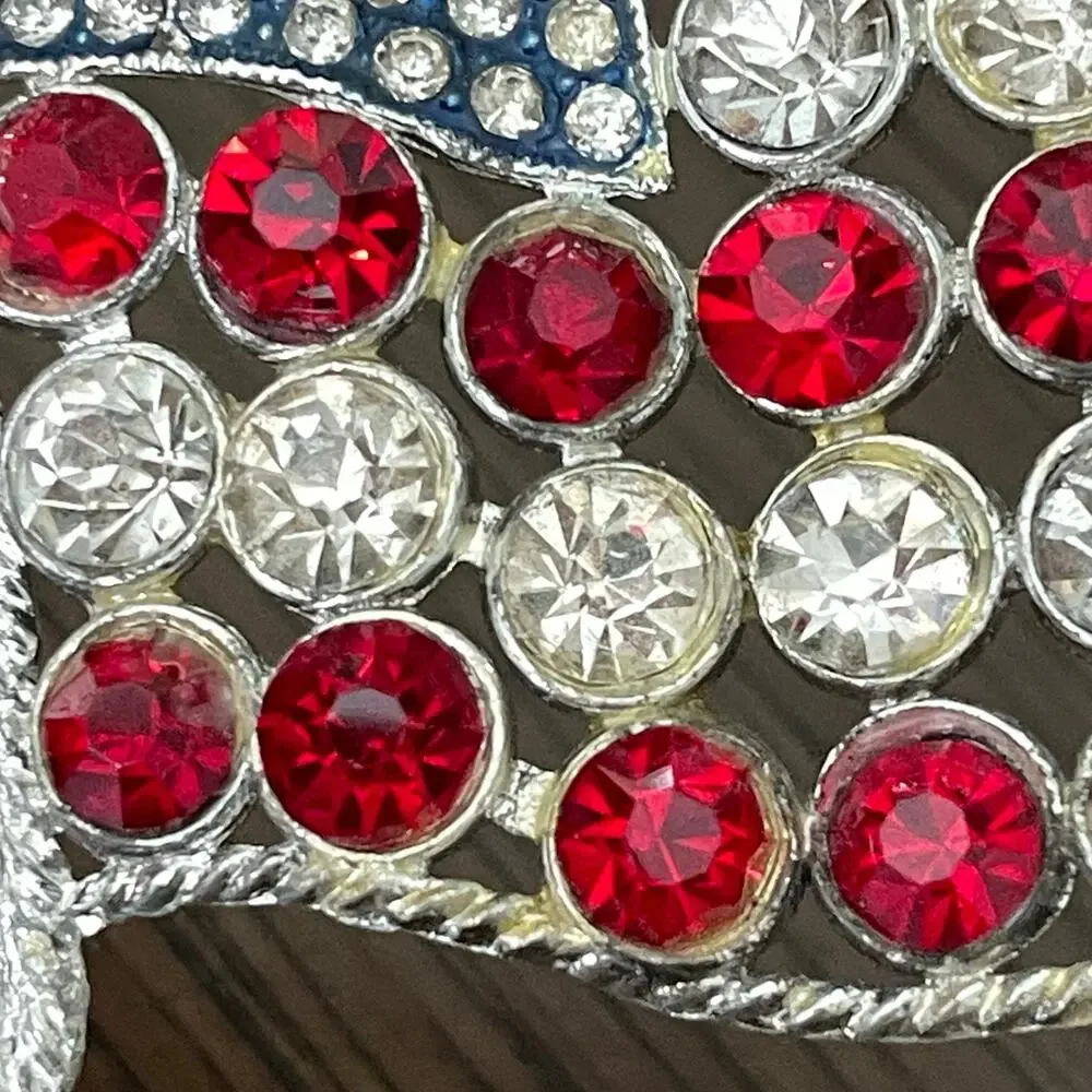 Vintage Rhinestone Patriotic Flag Brooch Pin WWII Pot Metal 48 Star FLAWED READ